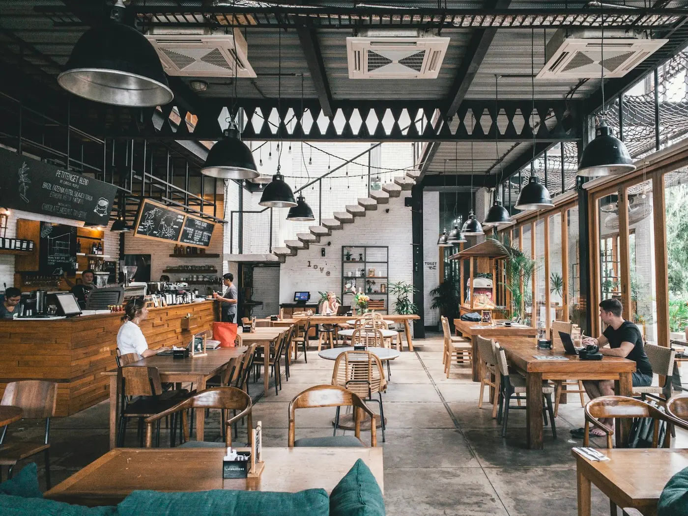 A bright restaurant dining room